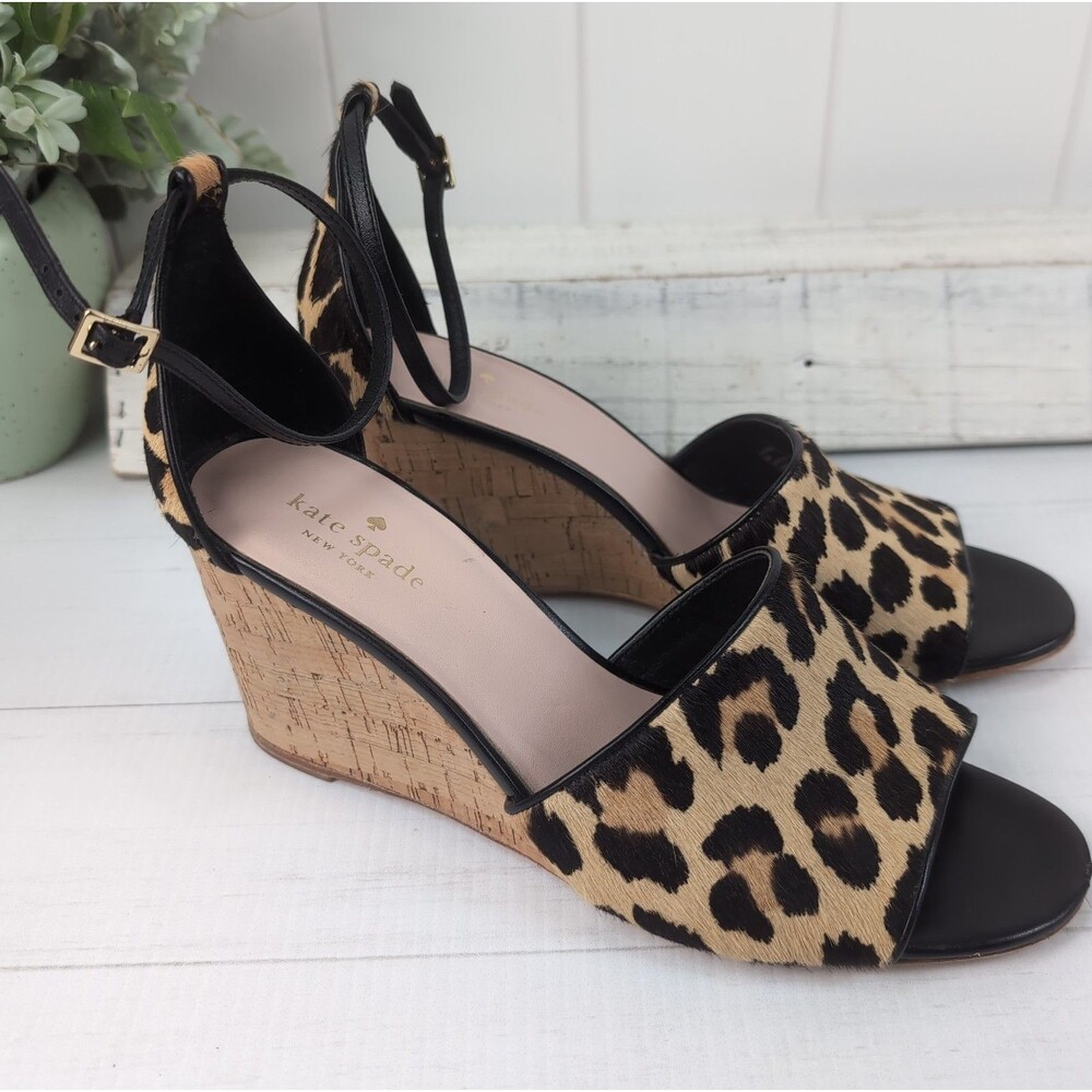 Kate Spade Women's Lonnie Leopard Calf Hair Cork Wedge Sandals Size 9 M